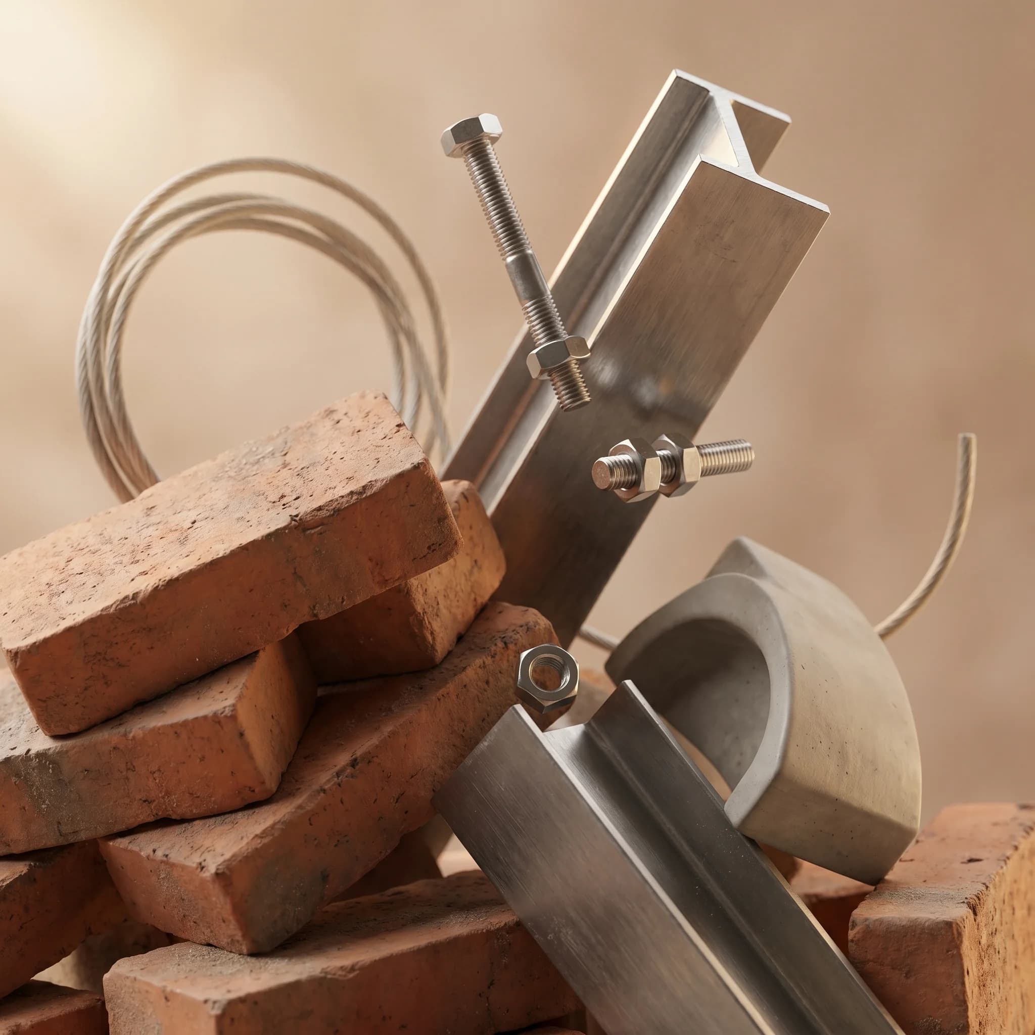 Skulpturale Komposition aus Ziegeln, Stahlträgern, Bolzen und Beton-Fragmenten