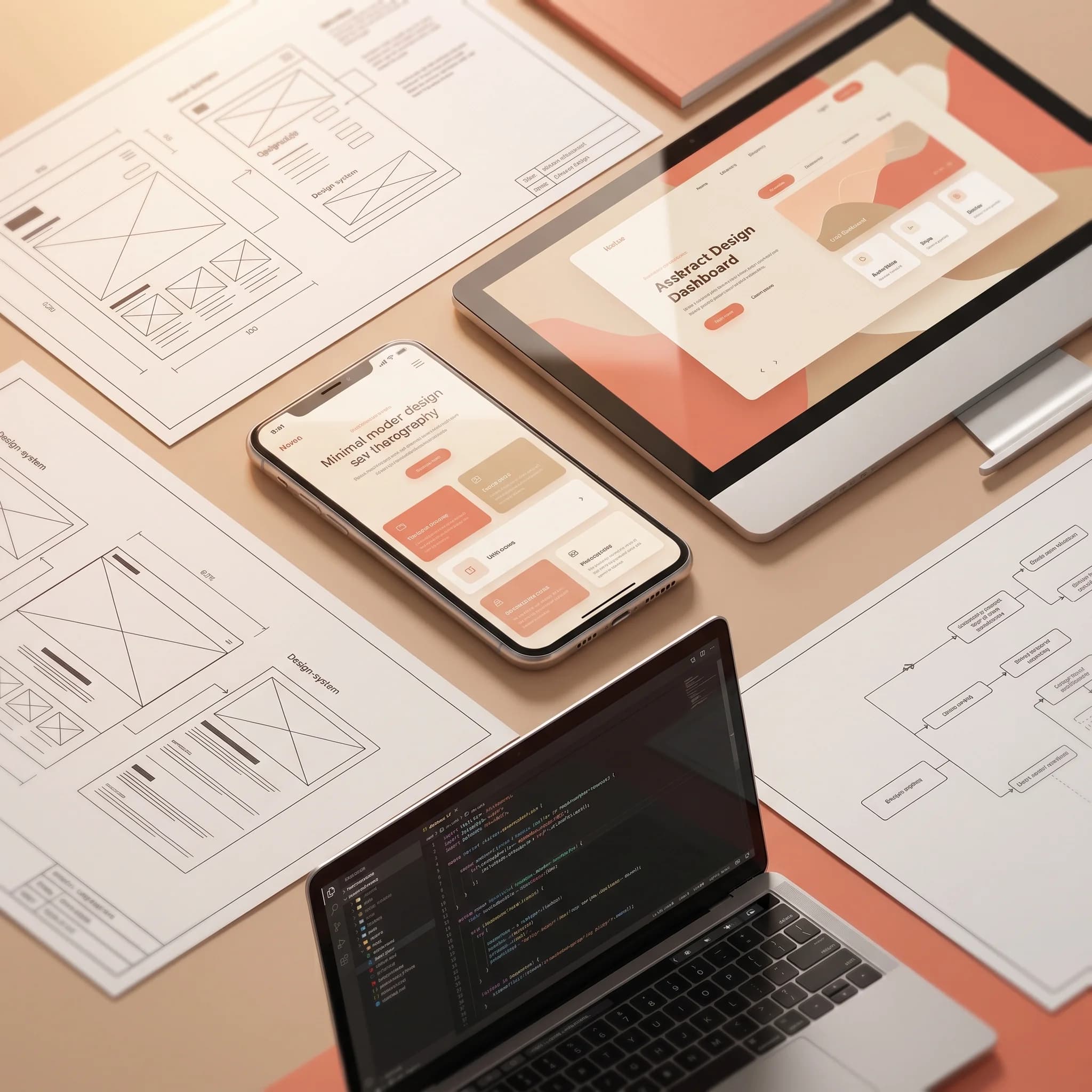 Collage aus Phone- und Desktop-Mockups, Code-Editor und Wireframe-Blueprints