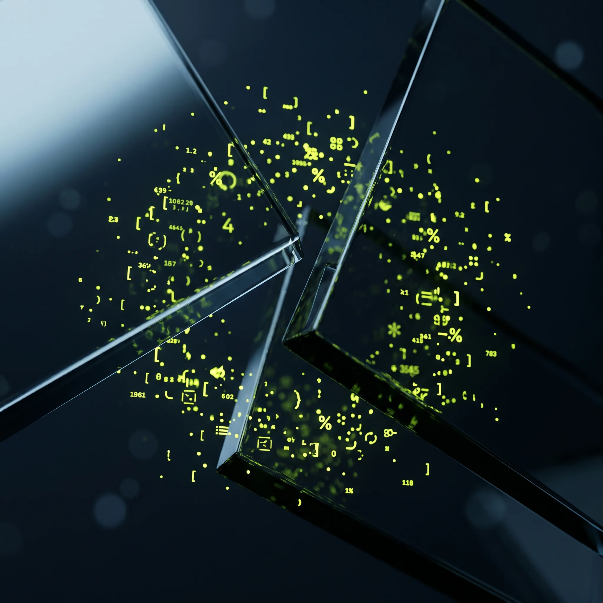 Kantige dunkle Glasflächen mit floating neon-grün-gelben Daten-Fragmenten
