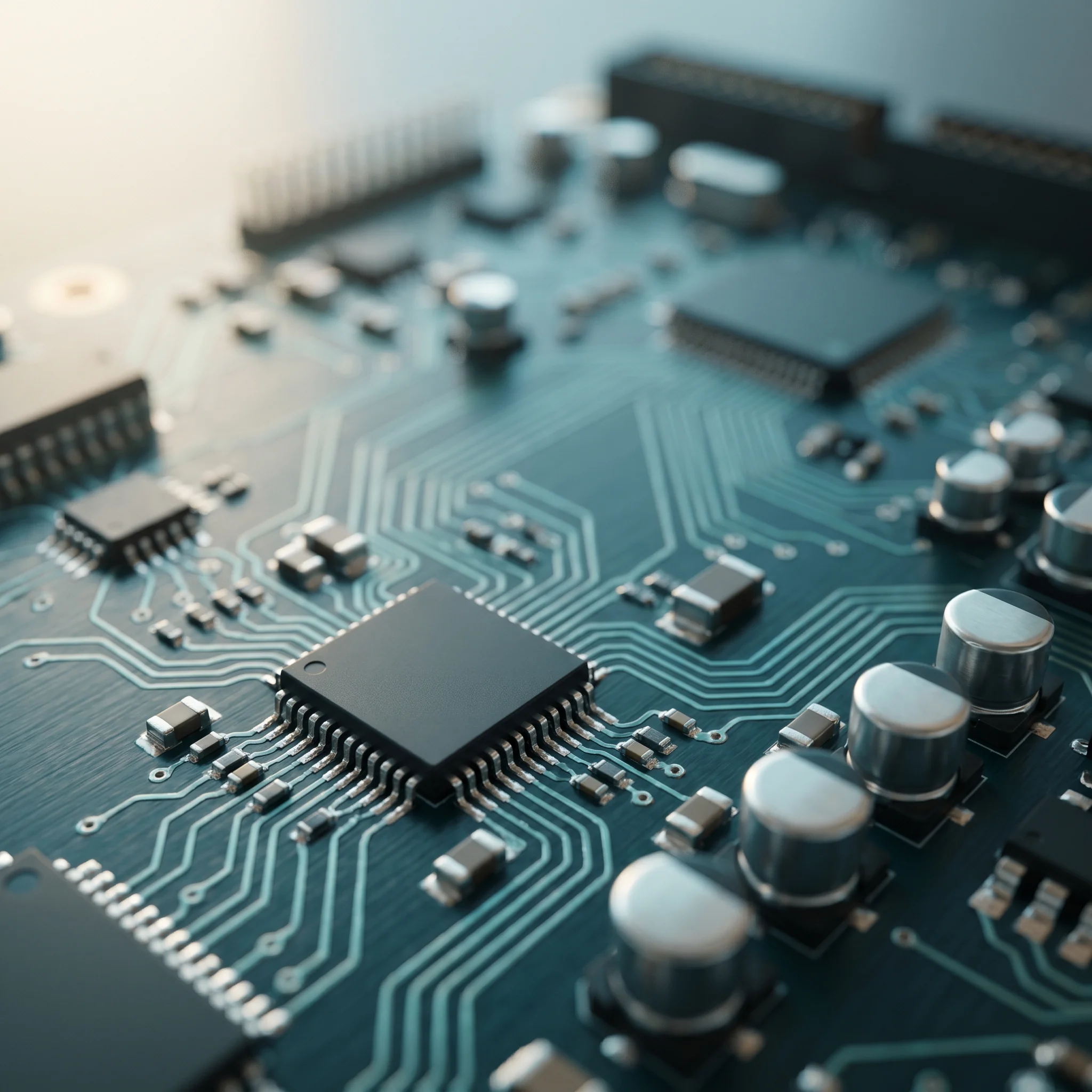 Macro-Aufnahme einer Platine mit Chips, Capacitors und Lötbahnen in Cyan-Teal