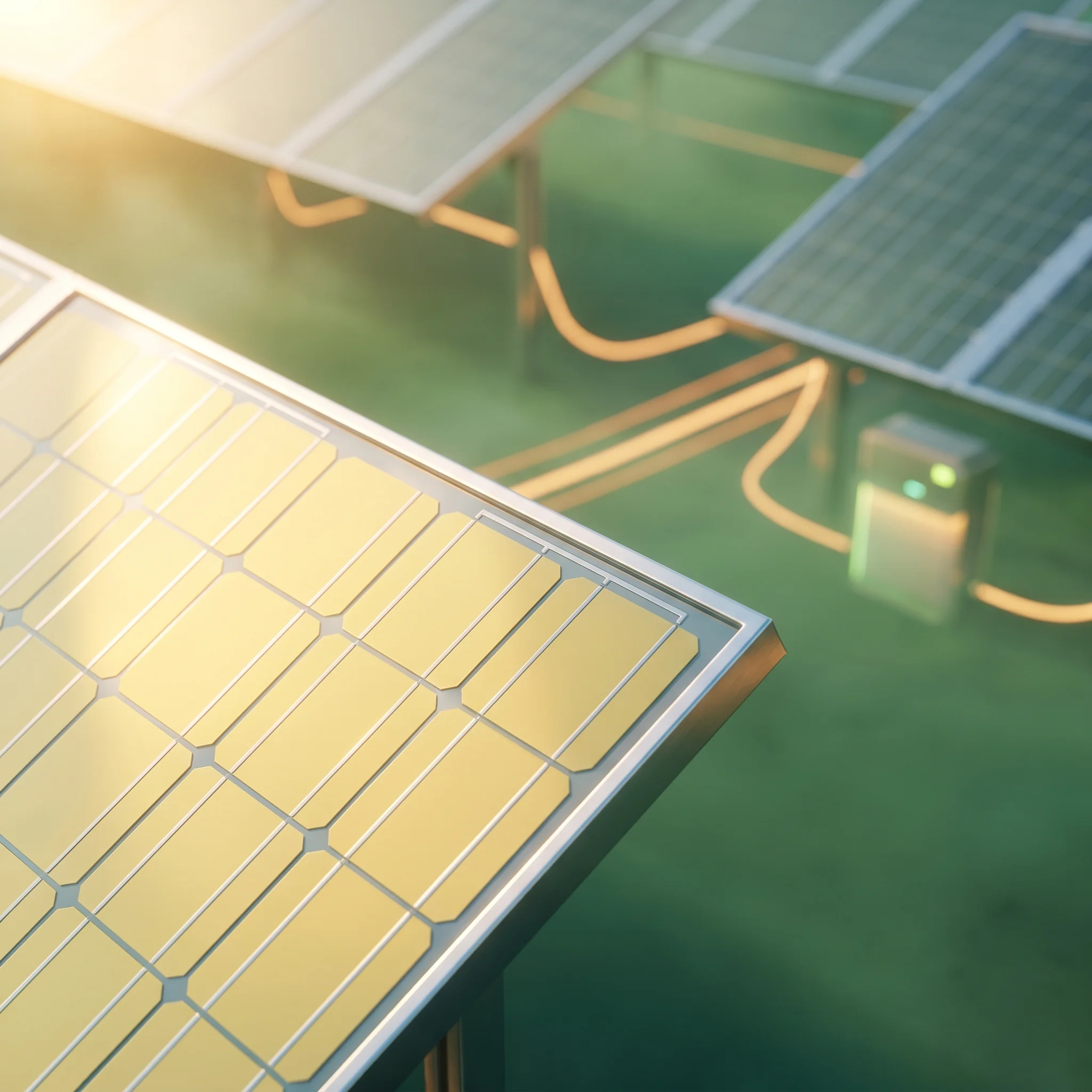 Solar-Panel scharf vorne, Smart-Energy-Infrastruktur unscharf im Golden-Hour-Licht