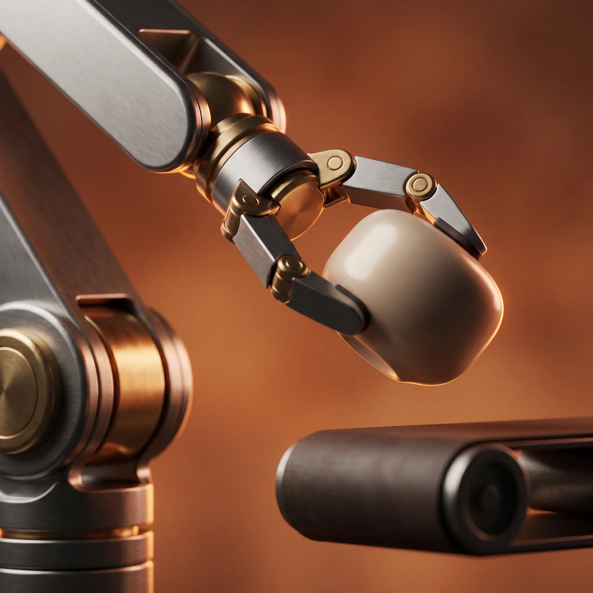 Automatisierungs-Zelle mit Roboterarm und Förderband, Steel- und Brass-Materialität