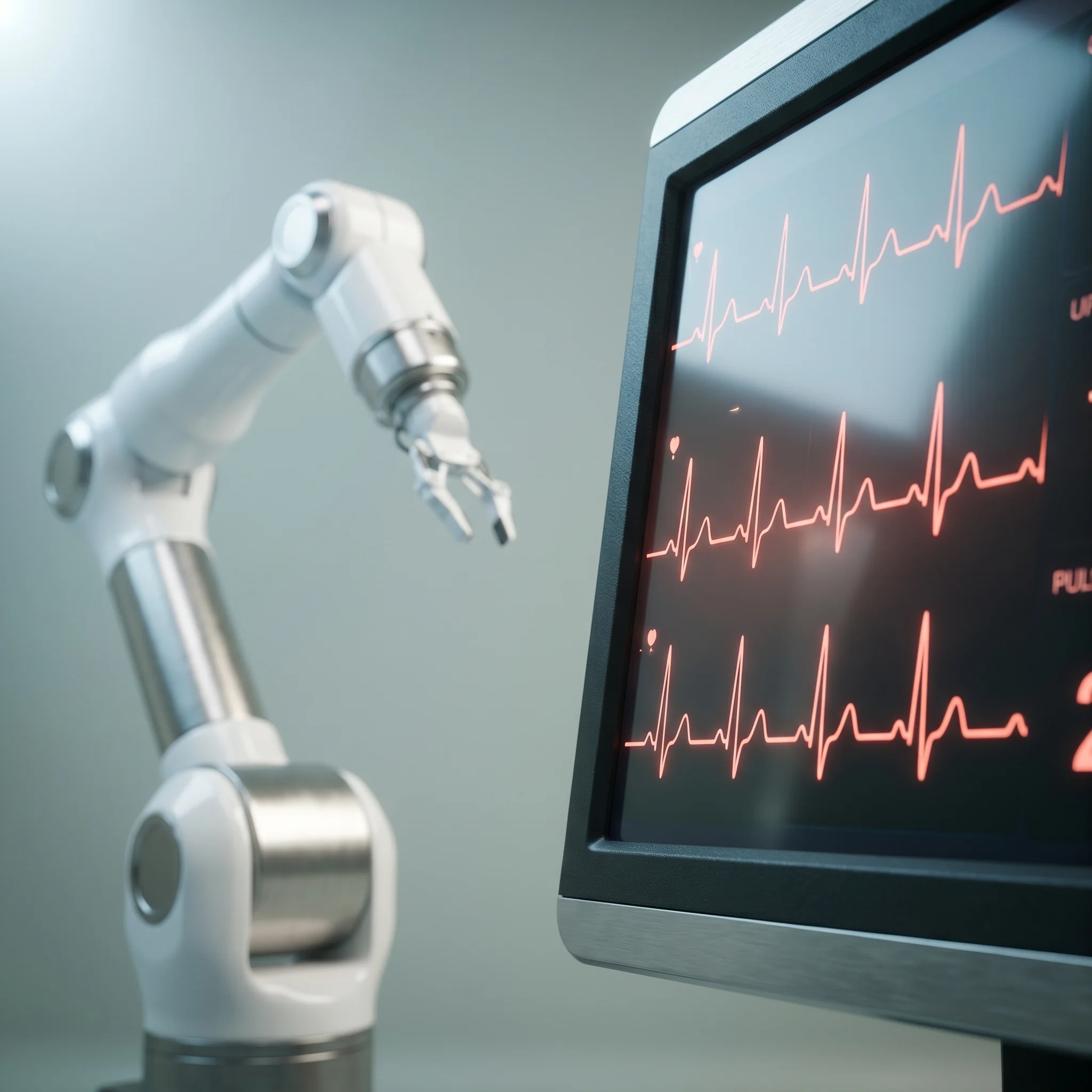 Vital-Monitor mit ECG-Welle im Vordergrund, medizinischer Roboterarm im Hintergrund unscharf