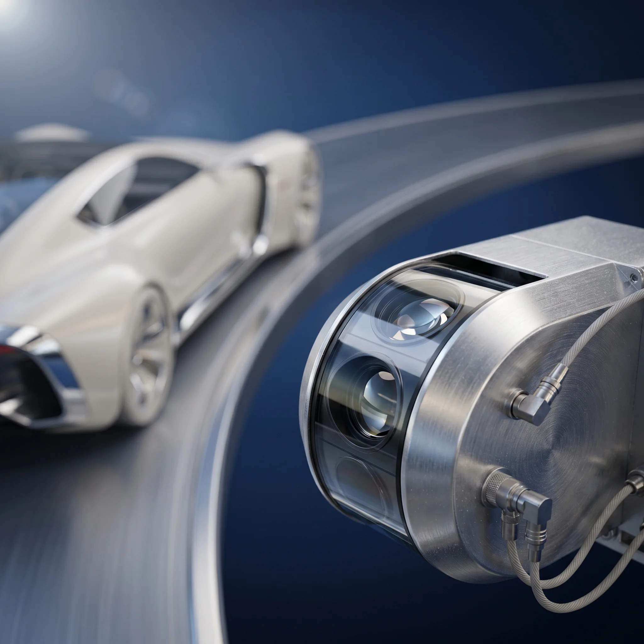 Sensor-Array eines futuristischen Fahrzeugs scharf, Vehicle-Körper unscharf im Hintergrund